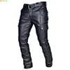 Herrläder Motorcykelbyxor med lastfickor Black Pu No Belt Men byxor Big Size S5XL 240110