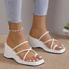 Dress Shoes White PU Leather Wedges Sandals Women Corss Strap Ring Toe Gladiator Sandalias Mujer Summer Slip-On Platform Beach Woman