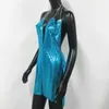 Vestidos de festa sexy azul chainmail vestido corrente detalhe profundo decote em v split hem sem costas metálico halter deslizamento