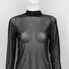 Camiseta feminina sexy transparente, malha transparente, manga comprida, pura, slim, para mulheres, gola alta, roupas
