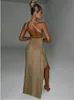 Elegant Backless Sexy Maxi Dress For Women Fashion Diagonal Collar Sleeveless Thigh High Split Bodycon Club Party 240111
