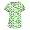 Women's T Shirts Clovers Print Green Scrub Tops St. Patrick's Day Clinic Carers Uniform Staff Blouse V Neck Workwear