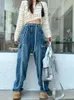 Jeans de perna larga feminino s3xl americano retro lavado branqueado alta rua moda faculdade personalidade chique primavera simples allmatch