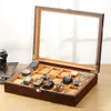 Luxury Träklocka Fall Pure Wood Casket Display Box Watches Organizer Black Glass skåp Packning 6 platser förvaringslåda Man 240110