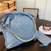 Дизайнер -Womens Blue Tweed Bags Стежные сумочки Металлическая жемчужная цепь тота для плеча золотой аппаратный кошелек для кошелька с поперечным кусочком 2 размер