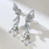 Boucles d'oreilles à tige en argent 2024 S925 avec nœud en diamant et pompon long pour femme, luxe léger, haute couture