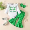 Conjuntos de roupas Baby Girl Outfit Manga Longa Letras Shamrock Imprimir Romper com Calças Flare Xadrez e Headband Roupas de Férias Conjunto