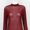 Camiseta Sexy para mujer, camisetas transparentes de malla, camiseta de manga larga transparente y delgada con cuello alto para mujer, ropa