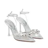 Geklede schoenen 2024 transparante hoge hakken zilveren diamanten sandalen slanke enkelband puntige dames