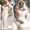 Plus Size Sereia Vestido de Noiva para Noiva Gola Alta Mangas Compridas Lantejoulas Rendas Frisadas Rehinestones Vestidos de Noiva para Casamento Africano Mulheres Negras Nigéria Menina CDW190