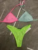 Kylie Jenner Vintage Thong Bikini rhinestone two piece women swimwear block color 240110