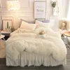 Luxury Plush Shaggy Duvet Cover Set Quilted Pompoms Fringe Ruffles Bedskirt Pillow Shams Bedding Set Twin Full Queen King 4/6PCS 240111