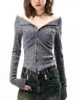 Femmes tricots col en v rétro bande élasticité mince tricoté pull Cardigan printemps femme simple boutonnage à manches longues pulls fins