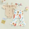 Conjuntos de roupas 0-18m bebê meninas roupas de verão conjunto nascido criança manga curta topos macacão leopardo/flor alargamento calças bandana outfits