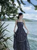 Casual Dresses Korean Rhombus Polka Dot Print Elegantes sexy rückenfreies langes Kleid Sommer Frauen Mode Spaghetti Strap Party Club Urlaub