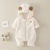 Vår- och höstfödd fleece Romper Cartoon Solid Color Jumpsuit Söt baby med en hoodie crawling kostym 240110