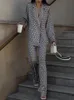Autumn Winter Women Office Satin Suit Sets Printed Vneck Long Sleeve 2 Piece Pant Matching Set 240110