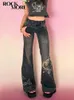 Rockmore y2k cintura baixa flare jeans para mulher streetwear estética impressão jean calças vintage lavado denim calças grunge fairycore 240110