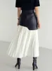 TWOTWINSTYLE Casual Patchwork Pu Skirt For Women High Waist Midi Folds Pleated Skirts Female Spring Fashion Clothing Style 240110