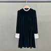 Womens Dress European Fashion brand Black velvet pearl crew neck long sleeved gathered waist mini dress