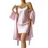 Vêtements de nuit pour femmes Spring Summer Kimono Peignoir Robe Rose Femelle Twinset Robe Ensemble Chemise de nuit Lâche Satin Home Dressing Lounge Wear