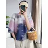 Damesblouses Miyake Mode Damesoverhemd Korte mouw Ronde kraag Enkele rij knopen Print Losse blouse Casual stijl 2024 Lente Vrouwelijk