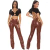 Women's Pants Women Wine Red Leather Pencil Sexy Mid Waisted Slim Elastic Shaping Hip Push Up PU Tights Joggers Hollow Out Nightclub