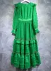 Casual klänningar toppkvalitet 2024 Autumn Long Dress Women Allover Applices Flower Brodery Sleeve White Green Maxi Vestidos XXL