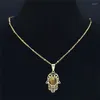 Pendant Necklaces Islam Hamsa Hand Tiger's Eye Stone Stainless Steel Women/Men Gold Color Statement Necklace Jewelry Collane N7028S04