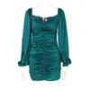 Casual Jurken Geplooide Satijnen Jurk Mini Elegant 2024 Herfst Winter Vrouwen Luxe Kleding Bodycon Club Lady Sexy Kort