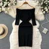 Party Dresses ALPHALMODA 2024 Summer Half Sleeve Hollow Out Slash Neck Women Sexy Slim Stretchy Knitted Dress Above Knee Body-con Step