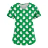 Women's T Shirts Clovers Print Green Scrub Tops St. Patrick's Day Clinic Carers Uniform Staff Blouse V Neck Workwear