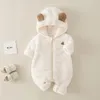 Vår- och höstfödd fleece Romper Cartoon Solid Color Jumpsuit Söt baby med en hoodie crawling kostym 240110