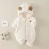 Lente en herfst geboren fleece romper cartoon effen kleur jumpsuit schattige baby met een kruippakje met capuchon 240110