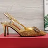 Sandalias de diamantes de imitación Diseñador Mujer Zapatos de vestir Slingbacks Bombas 8 cm Tacones altos Sandalias sexy puntiagudas Moda de lujo Gatito Tacón Calidad Zapato único 35-42 10A