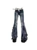 American Retro Y2K Flare Jeans Rayé Slim Bell Bottoms Femmes Mode Gyaru Denim Pantalon Bord Brut Pantalon Hip Hop High Street 240110