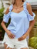 Bluzki damskie Finjani Bluzka Gingham Drukuj zimne ramię Ruffle V Neck Casual Top na lato 2024