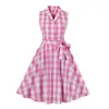 Casual Dresses Elegant Pink Plaid Vintage Holiday Party Dress STEVELESS SVARNA KASTNING 50S STIL COMON PINUP Swing Runway Rockabilly