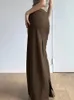 Absobe Sticked Solid Color Wrap Maxi kjol Kvinnor Back Slit High midje Slim Office Lady Lady Half Length Kjol Tie Outfit 240111