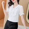 Kvinnors blusar 2024 Summer Fashion Trend Retro Plate Button Doll Collar Versatile Solid Color Commuter Casual Short Sleeve Shirt