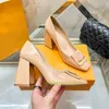 Designer dress shoe slingback sandal pumps women single shoes patent leather square headed block heels letter luxury elegant gentles chunky high heels