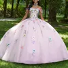 Розовое платье принцессы с открытыми плечами Quinceanera 2024, бальное платье с 3D цветочным узором, сладкое платье 16, Vestidos De 15 Anos Quinceanera Pageant