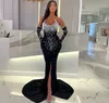 2024 Vestido de fiesta de fiesta de sirena negro de lujo Sin tirantes Perlas de cristal pesadas Terciopelo de limo Vestidos de noche Vestidos de fiesta formales Sexy Robe De Soiree