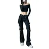 Jeans Street Style Women Metal Leg Ring Splice Slim Female Long Pants Low Waist Fashionable Cargo Pant Flare Cool Girl Trousers