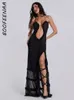 BOOFEENAA Frilly Halter Backless Split Long Dresses for Women Y2k 2000s Aesthetic Print Maxi Dress Sexy Party Outfits C85II41 240111