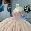 Roze Glitter Crystal Lovertjes Baljurk Quinceanera Jurken Uit De Schouder Applique Kant Kralen Tull Corset Vestidos De 15 Anos