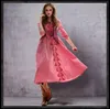 Vestidos de festa verão estilo boêmio feminino vestido vintage algodão linho mulheres v-pescoço flor bordado balanço hem rosa vermelho