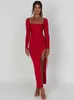 Mozision långärmad Ruched High Split Maxi Dres Square Collar Drawstring Bodycon Sexig Party Dress Elegant Autumn 240111