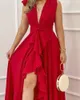 Vestidos casuais cintura alta vermelho impresso para mulher elegante e bonita vestido feminino 2024 outono sexy decote em v sem mangas festa noite outfit