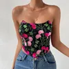 Damestanks Dames Tube-borduurwerk Bloemen Nachtkleding voor dames Zwart Mouwloos Zomer Uit de schouder Crop Top Dames Fancy Gothc